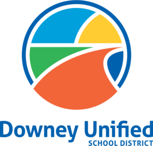 A logo featuring the text "Downey Unified School District" in a stylized font, showcasing graphic design elements.