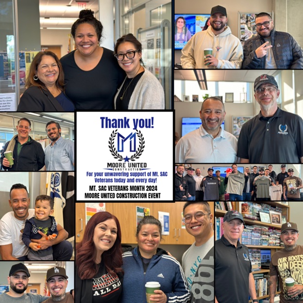 The image features a collage of individuals expressing gratitude and support for MI. SAC veterans, highlighting a construction event organized by Moore United. It celebrates Veterans Month 2024 and emphasizes community involvement with cheerful faces in an indoor setting. The content includes various texts related to the event and appreciation for veterans.