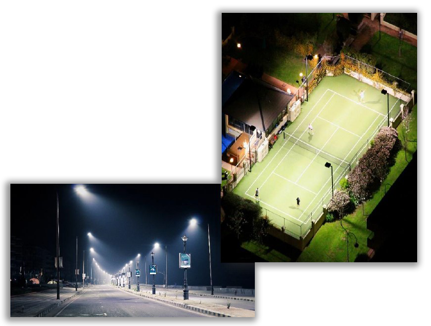 Two photos of a tennis court and a road both at night.