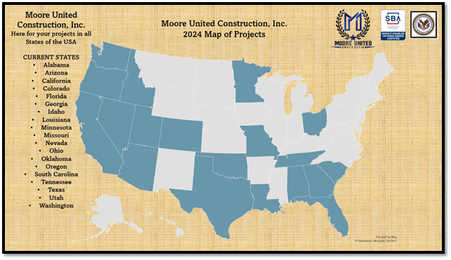 A map titled "2024 Map of Projects" showcasing the states where Moore United Construction, Inc. operates. The states listed include Alabama, Arizona, California, Colorado, Florida, Georgia, Idaho, Louisiana, Minnesota, Nevada, Ohio, Oklahoma, Oregon, South Carolina, Tennessee, Texas and Washington. The text features the company name prominently and emphasizes their availability for projects across the United States.