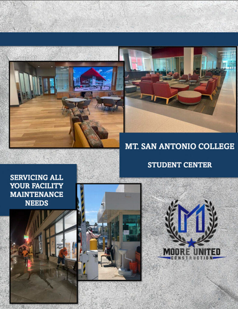 A graphical user interface for a website displaying the header "MT. SAN ANTONIO COLLEGE STUDENT CENTER" with a subtitle "SERVICING ALL YOUR FACILITY MAINTENANCE NEEDS" and the name "MOORE UNITED CONSTRUCTION". Text is prominently featured, indicating the services offered.