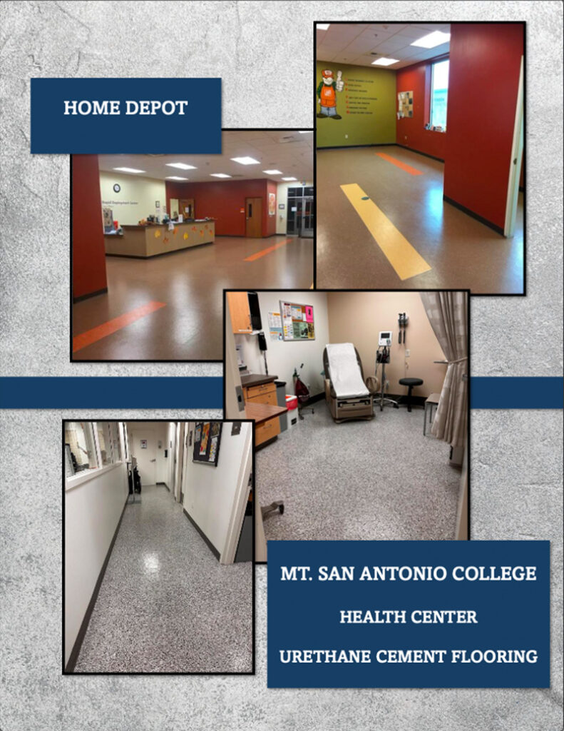 A room featuring a desk and chairs, with a urethane cement flooring. The walls display text that includes "Home Depot," "Mt. San Antonio College," and "Health Center."