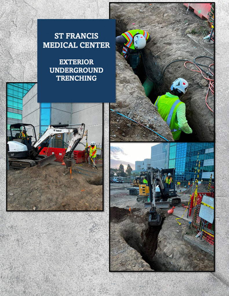 A collage featuring construction workers in various poses and activities related to trenching work at St. Francis Medical Center, showcasing blue-collar professionals wearing hard hats and workwear in an outdoor setting.